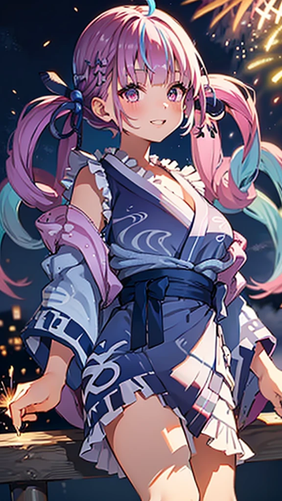 (masterpiece, Highest quality, Super detailed),Ultra-high resolution、One girl, (Festivals、stall、firework、Colorful lights),crowd, night, lanthanum, food,lanthanum, lamp post, night sky,(Pink Twintails、Blue ribbon:1.1),((super fine illustration)),((cute eyes,highly detailed skin)),((smile)),(well endowed,Blessed,Captivating body、Super detailedな肌、Beautiful Eyes、Detailed Background)、(yukata:1.5),firework,(大量のfirework,night景,Ocean)
