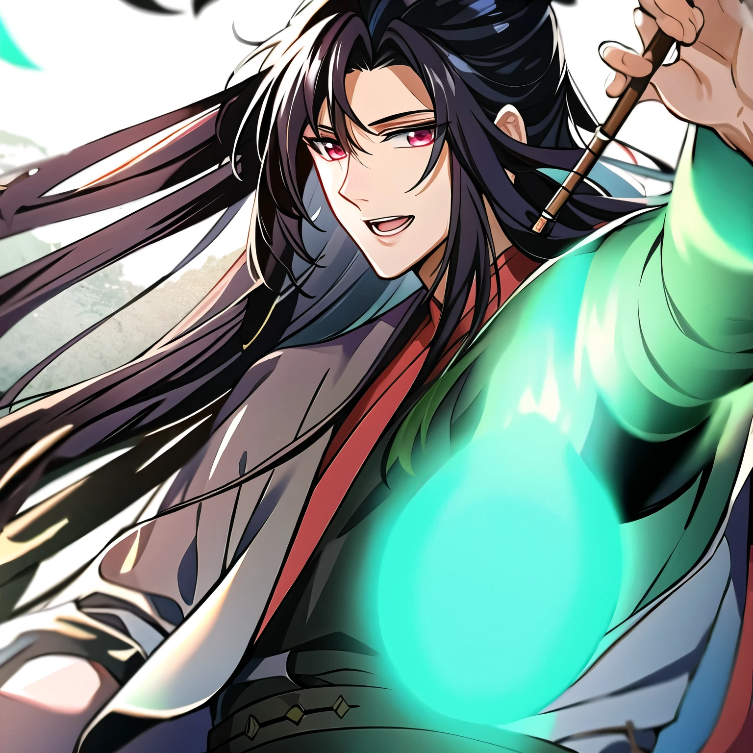 (masterpiece, best quality:1.2), 1male, solo, wei wuxian, mo dao zu shi, mdzs, black clothes, grey eyes, long black hair, perfect anatomy, happy