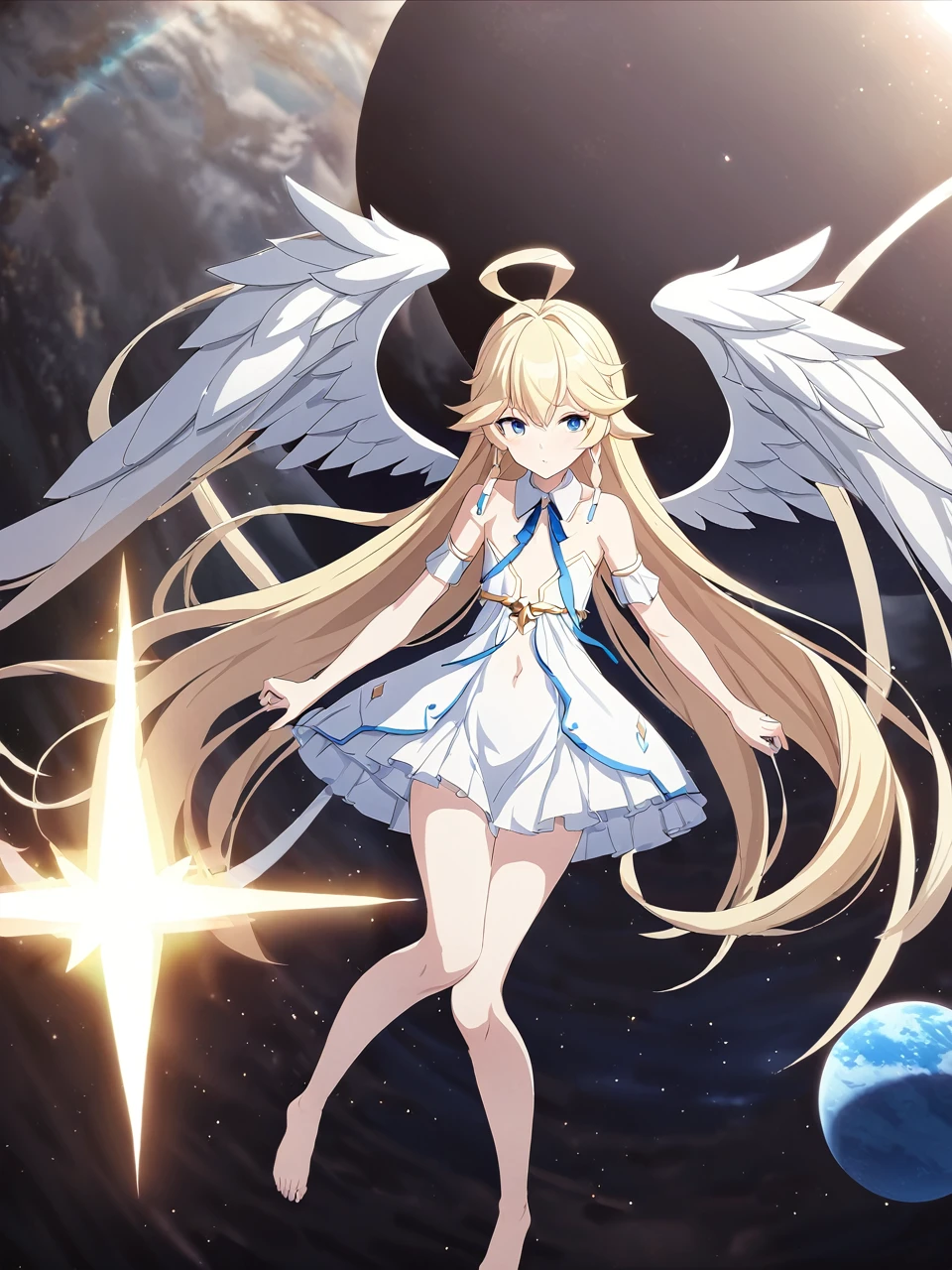 Zaora, blue eyes, (Variegated eyes:0.5), Blonde, Very long hair, Twin Blade, bangs, Ahoge, Hello, Angel, Flat Chest, White Dress, Belly button cutout, Detachable collar, Strapless, Neck ribbon, Bare shoulders, Angel wings, barefoot, One girl, Solo Break Space, planet, Depth of written boundary, Cinematic, masterpiece, Highest quality, Game CG