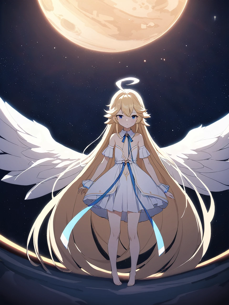 Zaora, blue eyes, (Variegated eyes:0.5), Blonde, Very long hair, Twin Blade, bangs, Ahoge, Hello, Angel, Flat Chest, White Dress, Belly button cutout, Detachable collar, Strapless, Neck ribbon, Bare shoulders, Angel wings, barefoot, One girl, Solo Break Space, planet, Depth of written boundary, Cinematic, masterpiece, Highest quality, Game CG