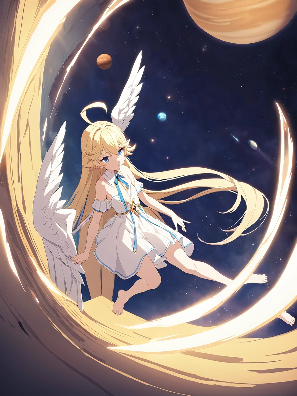 Zaora, blue eyes, (Variegated eyes:0.5), Blonde, Very long hair, Twin Blade, bangs, Ahoge, Hello, Angel, Flat Chest, White Dress, Belly button cutout, Detachable collar, Strapless, Neck ribbon, Bare shoulders, Angel wings, barefoot, One girl, Solo Break Space, planet, Depth of written boundary, Cinematic, masterpiece, Highest quality, Game CG