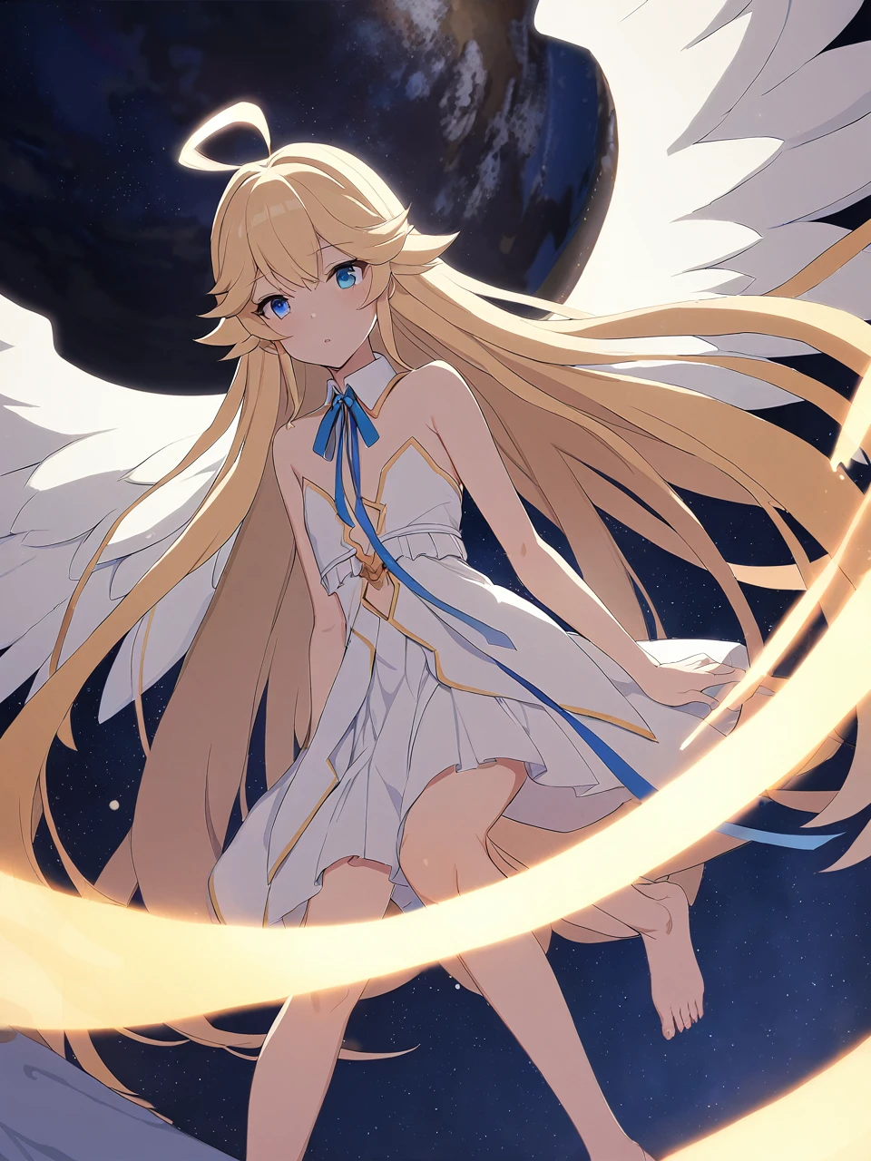 Zaora, blue eyes, (Variegated eyes:0.5), Blonde, Very long hair, Twin Blade, bangs, Ahoge, Hello, Angel, Flat Chest, White Dress, Belly button cutout, Detachable collar, Strapless, Neck ribbon, Bare shoulders, Angel wings, barefoot, One girl, Solo Break Space, planet, Depth of written boundary, Cinematic, masterpiece, Highest quality, Game CG