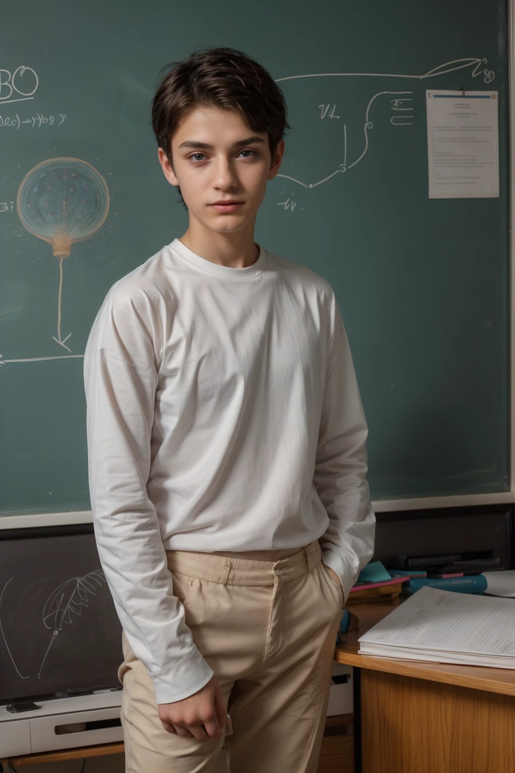 A beautiful young man, a cute male twink, with black hair, a face with reddish make-up, wearing a bright white long-sleeved shirt and aqua blue pants. He is in his office, and behind him is a blackboard on which is written the shape of the brain and its anatomy, and nuclear energy comes out of it.