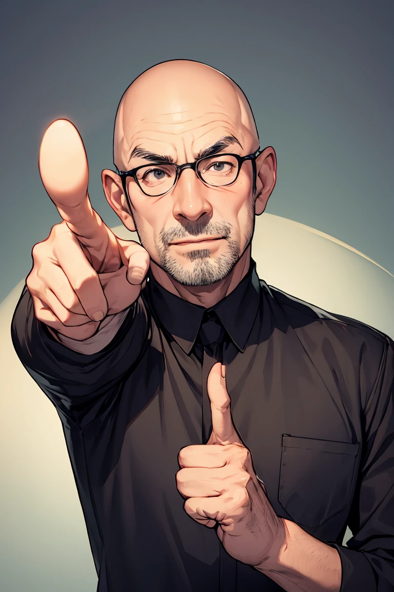 A surprised-looking bald man pointing upwards