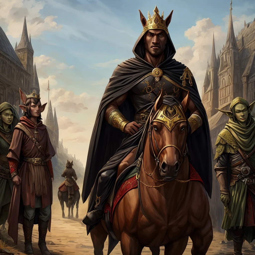 A pregnant woman riding a brown horse, wearing a black cloak with red embroidery, only her lips are visible from under the cloak, next to her is an elf man wearing a black cloak with gold embroidery, wearing a thin crown on his head, riding a black horse, the goblin army They follow him on wolves, and people watch