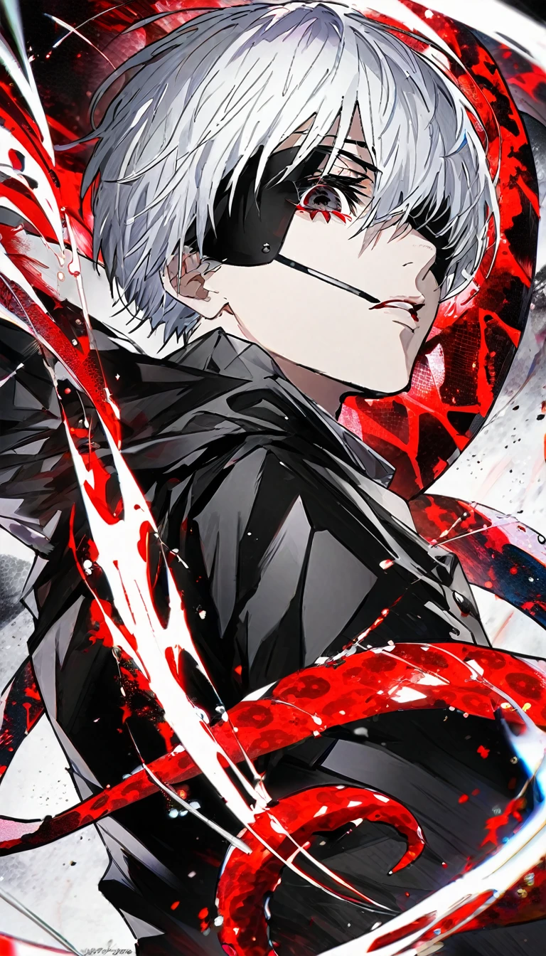 ```
Ken Kaneki, Tokyo Ghoul, white hair, black outfit, eyepatch, half-ghoul, serious expression, red kakugan eye, kagune tentacles, detailed face, high quality
```