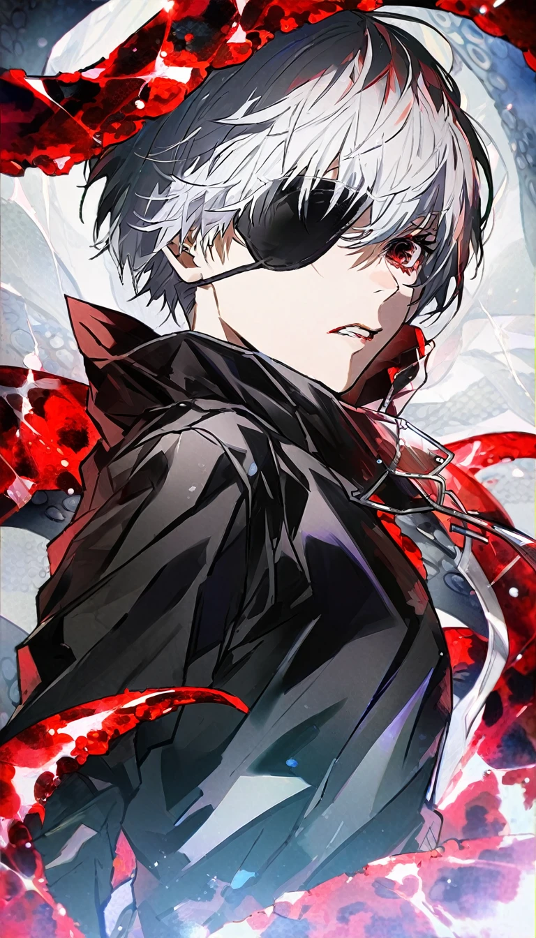 ```
Ken Kaneki, Tokyo Ghoul, white hair, black outfit, eyepatch, half-ghoul, serious expression, red kakugan eye, kagune tentacles, detailed face, high quality

```