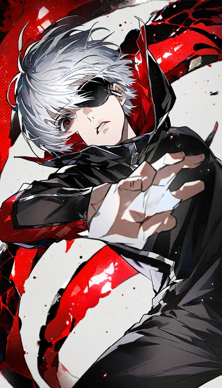 ```
Ken Kaneki, Tokyo Ghoul, white hair, black outfit, eyepatch, half-ghoul, serious expression, red kakugan eye, kagune tentacles, detailed face, high quality
```