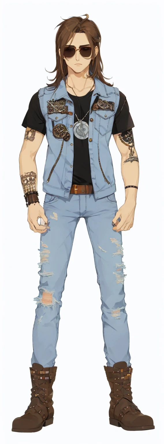 men, brown hair, round sunglasses, metal bands, tattoo, jeans vest, metal shirt, belt, ripped jeans pants, leather boots, shoelace