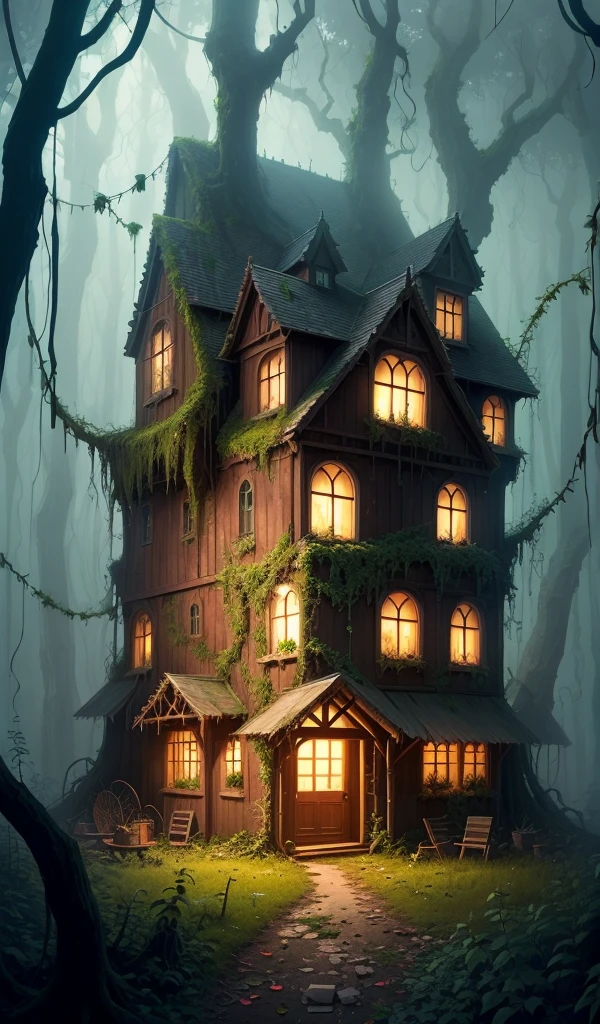 (anime, digital paint, the old woman's destroyed gingerbread house, remnants of candy and sweets scattered around, eerie and dark atmosphere, forest reclaiming the area with vines and plants growing over the ruins, sense of nature taking over)