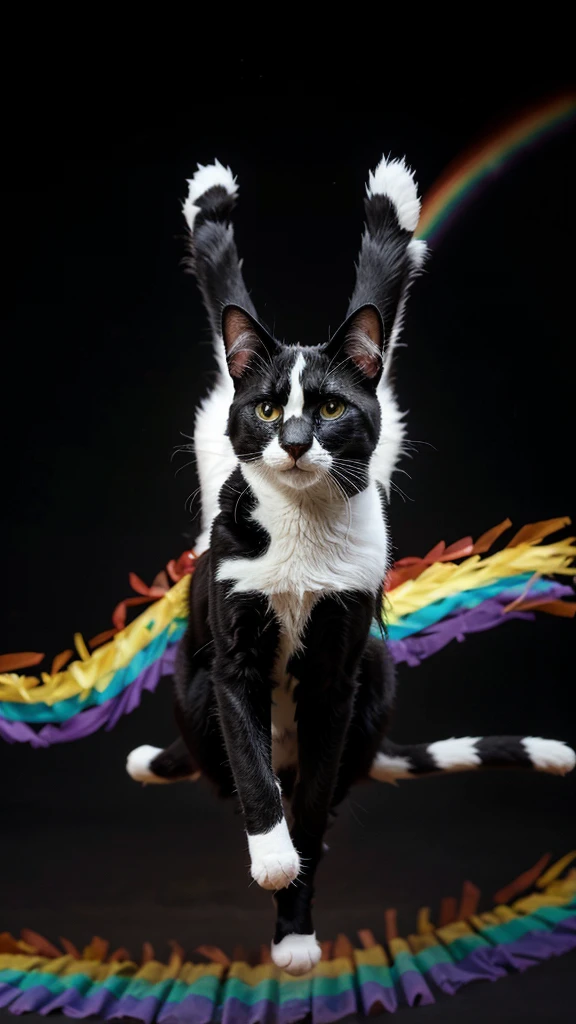 A black and white cat with wings running over the rainbow