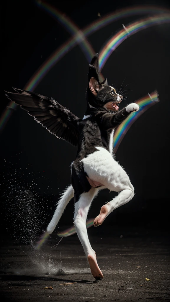 A black and white cat with wings running over the rainbow 