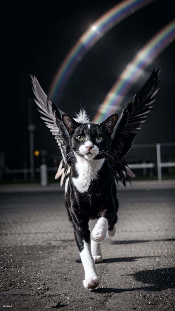 A black and white cat with wings running over the rainbow 