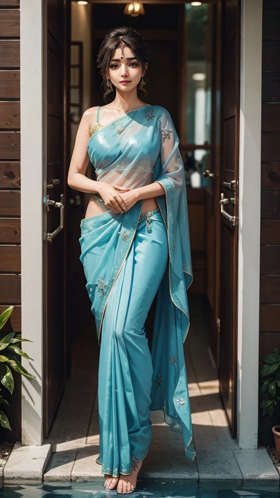 1girl,beautiful girl,wearing beautiful wet saree,full body image,realistic,8k resolution