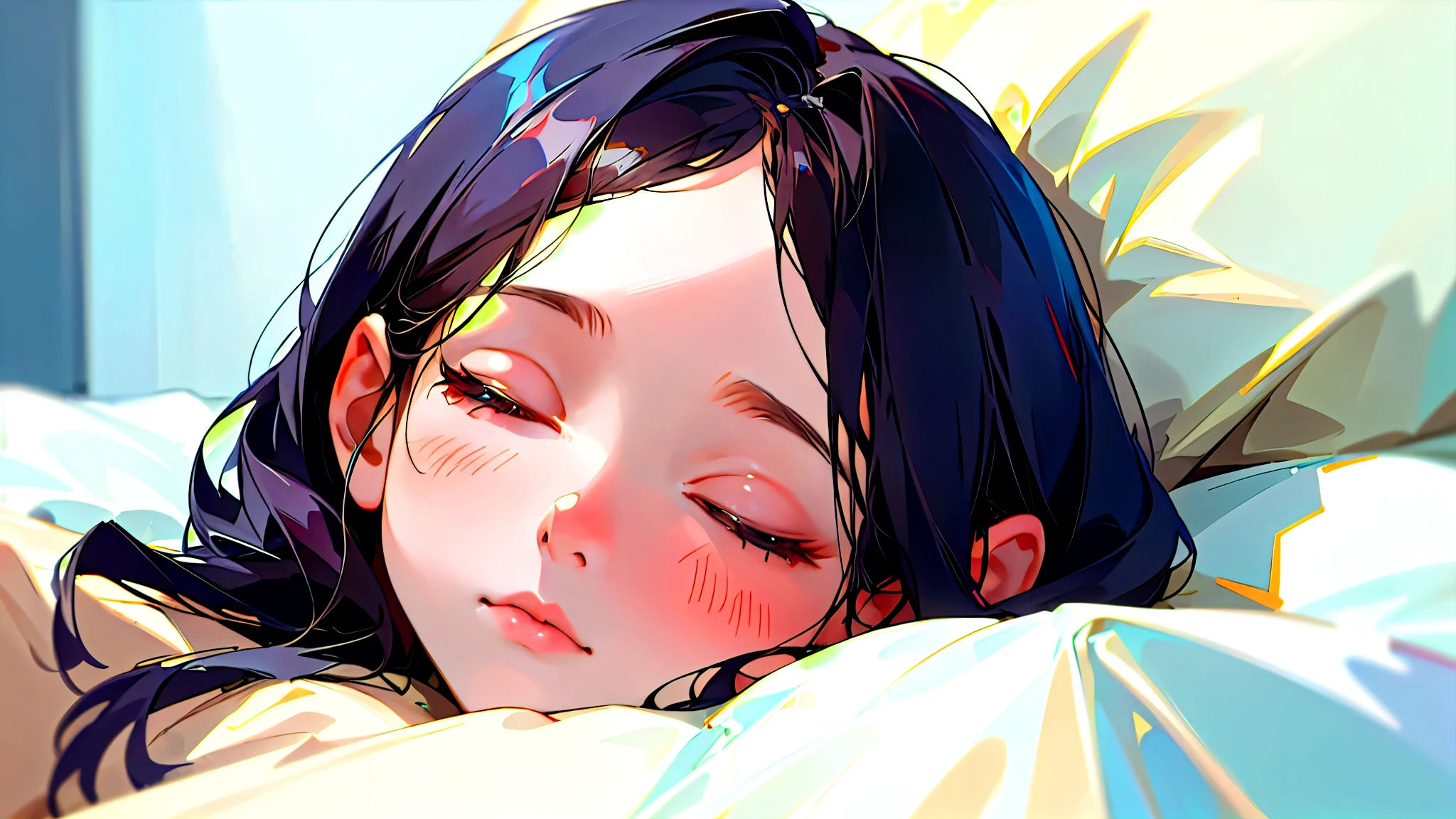 (Highest quality, masterpiece, Ultra-realistic), Beautiful and delicate１５Year-old girl portrait,, The background is my bedroom at home.、Sleeping with a calm expression、Midnight、It&#39;s pitch black in the room.、It&#39;s raining outside、Rainy season、It's dark outside