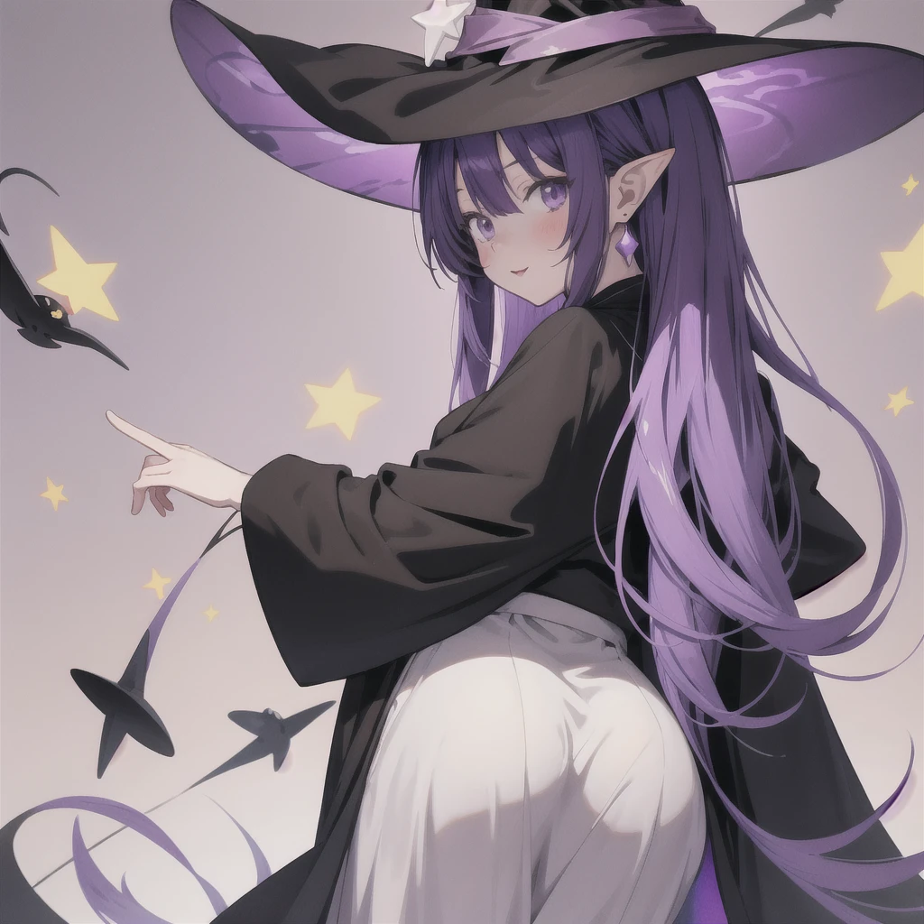 anime girl long purple hair wearing a black Robe. she has pointy ears. Witch Hat. Manga kawaii. iridescent ,An illustration, 0ne person .look back