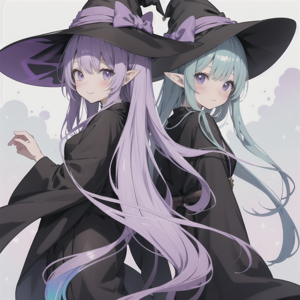 anime girl long purple hair wearing a black Robe. she has pointy ears. Witch Hat. Manga kawaii. iridescent ,An illustration, 0ne person .look back