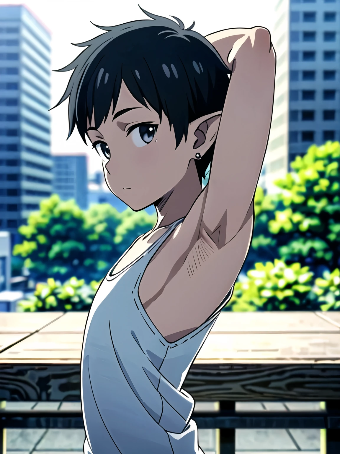 Highres, Masterpiece, Best quality at best,Best Quality,hight quality, hight detailed, Anime screencap style, 1boy, Young boy, Shota, Tank top, Elf ear, earring, Straight hair, Seen from the side, look at viewer, (very young boy), (very small and short body), Age 12, Such a cute smooth armpit, Cute armpit, sexy armpit, The armpits of a 12 year old boy, Adorable little armpits, seductive armpits, showing armpit, City, Blurry beckground, hansome boy, Uhd, 4k wallpaper