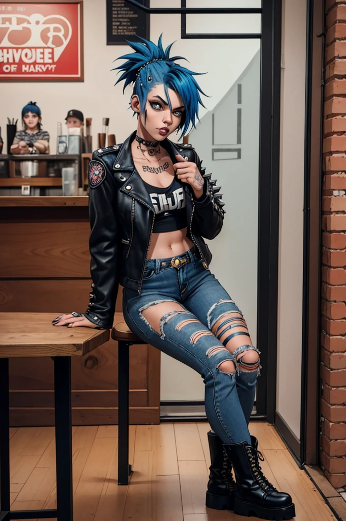 "Full body shot of a punk rock girl with blue hair, styled in a bold and edgy fashion. She’s in a trendy coffee shop, casually seated at a wooden table with a latte in front of her. The background features the cozy, eclectic decor of the coffee shop, with warm lighting and quirky decorations. The girl’s outfit is a mix of punk rock elements: a leather jacket adorned with pins and patches, ripped skinny jeans, and chunky combat boots. Her expression is confident and cool, reflecting her unique style and personality."