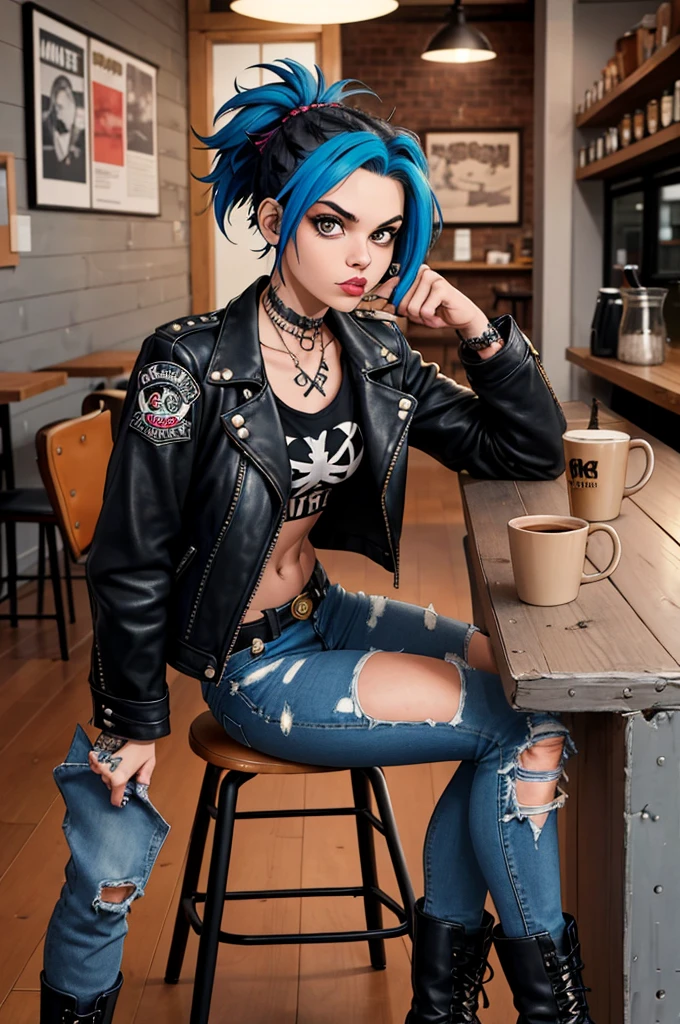 "Full body shot of a punk rock girl with blue hair, styled in a bold and edgy fashion. She’s in a trendy coffee shop, casually seated at a wooden table with a latte in front of her. The background features the cozy, eclectic decor of the coffee shop, with warm lighting and quirky decorations. The girl’s outfit is a mix of punk rock elements: a leather jacket adorned with pins and patches, ripped skinny jeans, and chunky combat boots. Her expression is confident and cool, reflecting her unique style and personality."