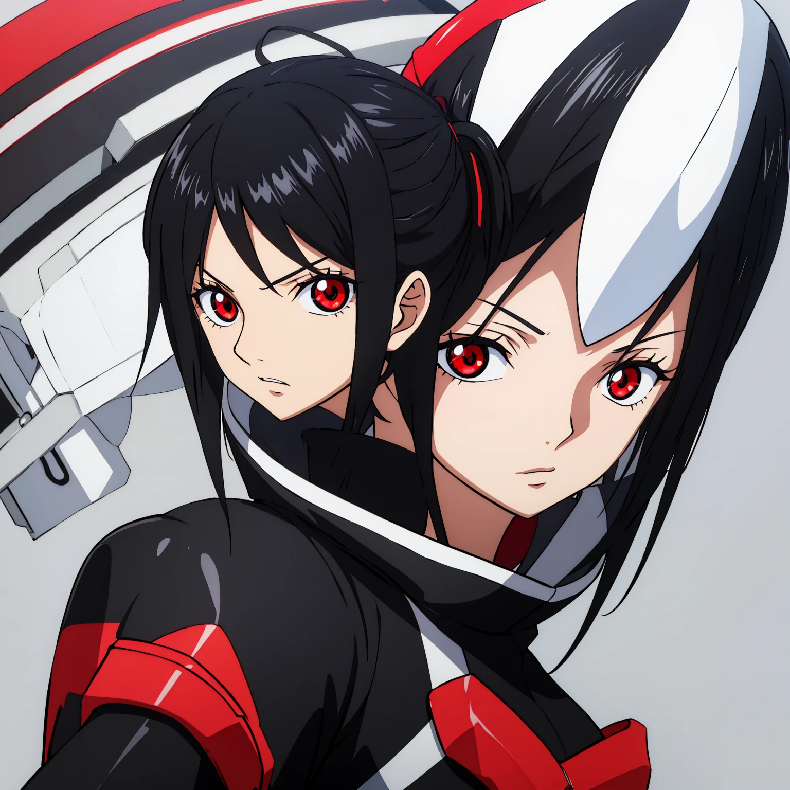generic anime girl with black hair red eyes and black racing suit, clear background, character fitting in the image