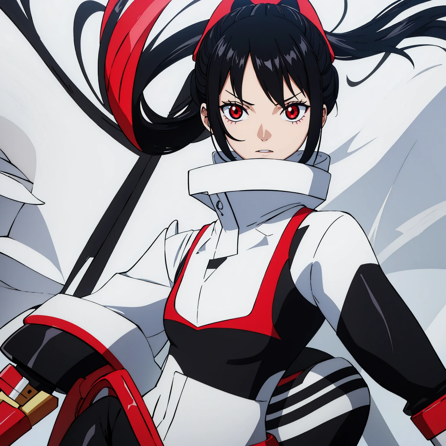 generic anime girl with black hair red eyes and black racing suit, clear background, character fitting in the image