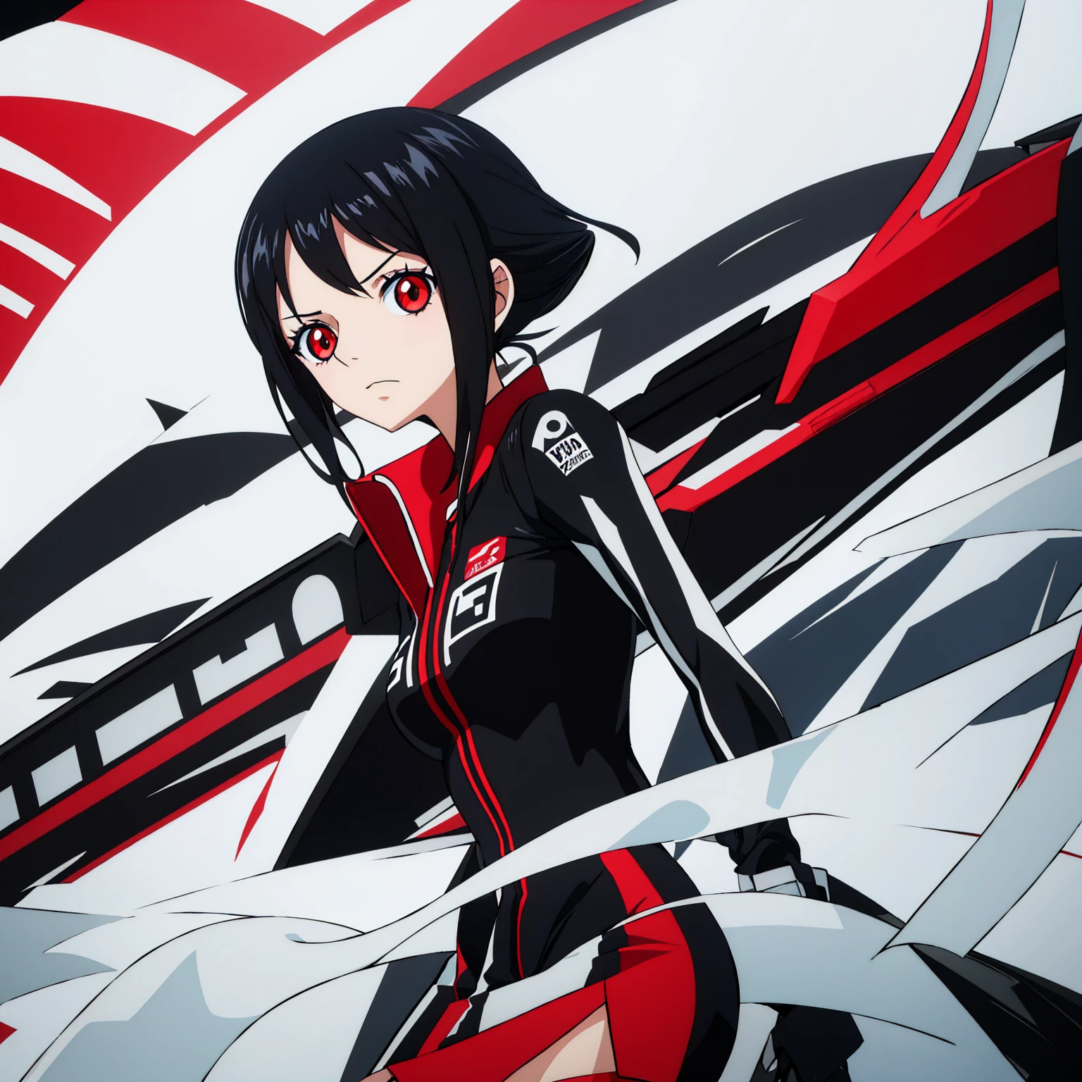 generic anime girl with black hair red eyes and black racing suit, clear background, character fitting in the image