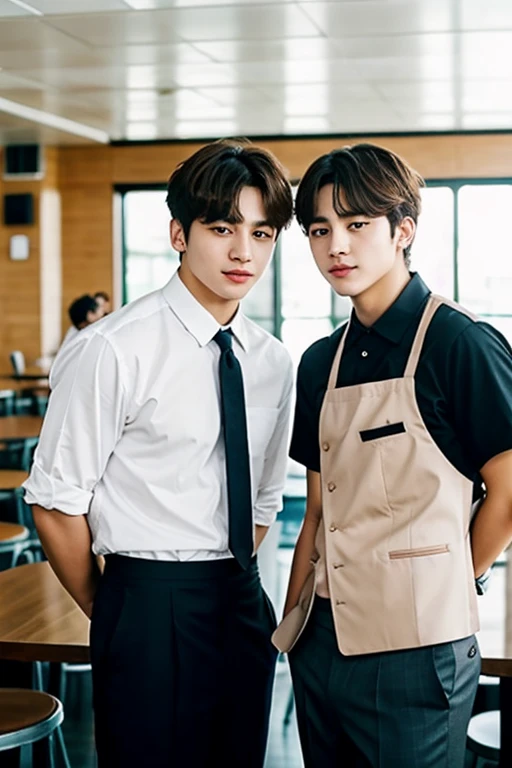 Jungkook and Taehyung in a cafeteria, one is a waiter and the other is a businessman 