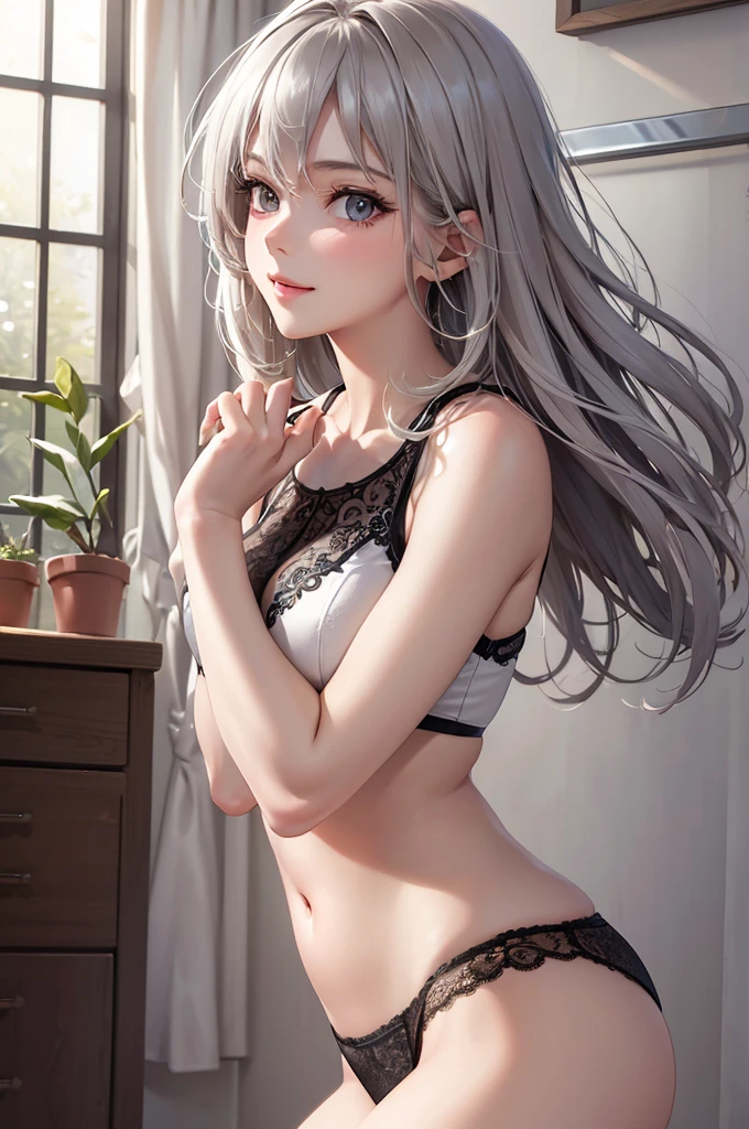 (Best Quality,High resolution,8K,finelity detailed background,Masterpiece:1.2),beautiful girl,Glossy romance gray hair,messy hair,Gray eyes,Gentle look,A refreshing look,Best quality,Best Quality,Aesthetic and aesthetic:1.2,Best details((Super detailed))(High-definition CG illustrations),Glamorous grey underwear (gray,intricate lace),Slender body,Daytime,Sunshine,Bedroom,On the bed,smile,blush,cute,Scrounge,Looking up,Being spoiled,super model,wariza,shoot from below