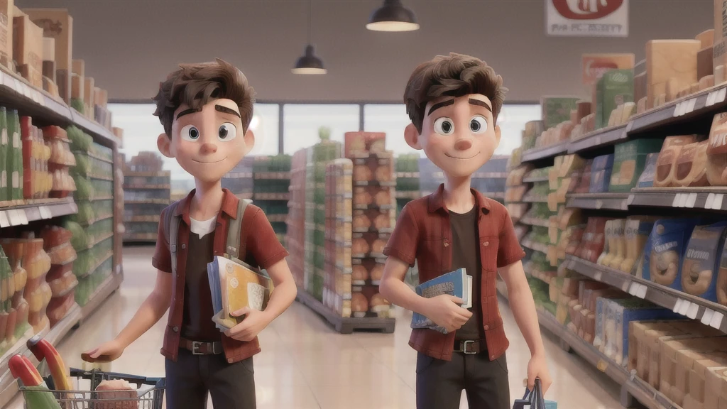 Masterpiece artwork, best qualityer, a young man in a red shirt and black pants, choosing products in the supermarket
