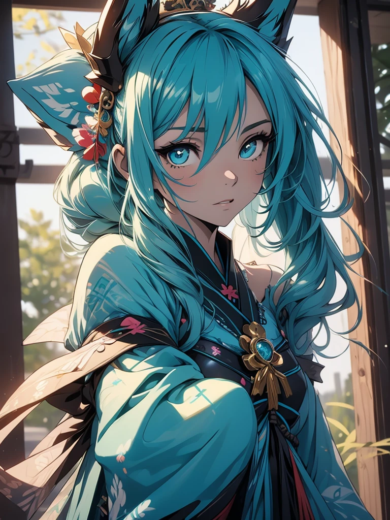  The best quality ((Masterpiece)) high definition Miku Hatsune x vixen high definition add_detail:1, blue fur,kitsune ears, tribal tattoo add_detail:1, pretty girl add_detail:1, feudal priestess clothing add_detail:1, japanese shrine landscape add_detail:1, japanese shrine costume add_detail:1, add_detail:1, full body add_detail, highly detailed face, deep aqua iris add_detail:1