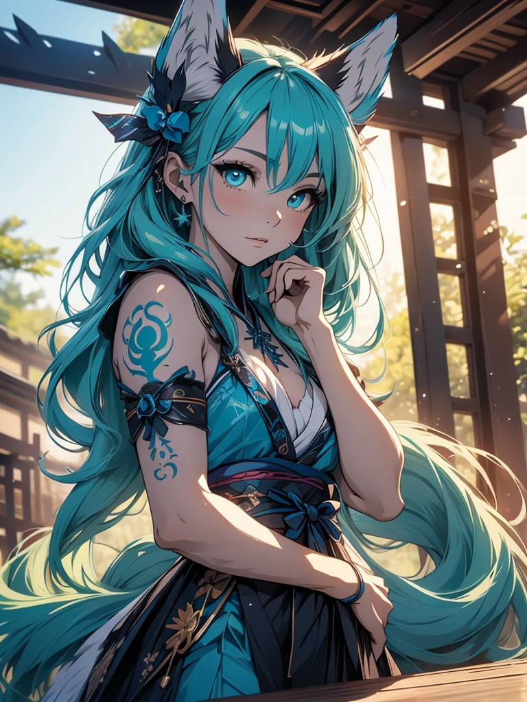  The best quality ((Masterpiece)) high definition Miku Hatsune x vixen high definition add_detail:1, blue fur,kitsune ears, tribal tattoo add_detail:1, pretty girl add_detail:1, feudal priestess clothing add_detail:1, japanese shrine landscape add_detail:1, japanese shrine costume add_detail:1, add_detail:1, full body add_detail, highly detailed face, deep aqua iris add_detail:1