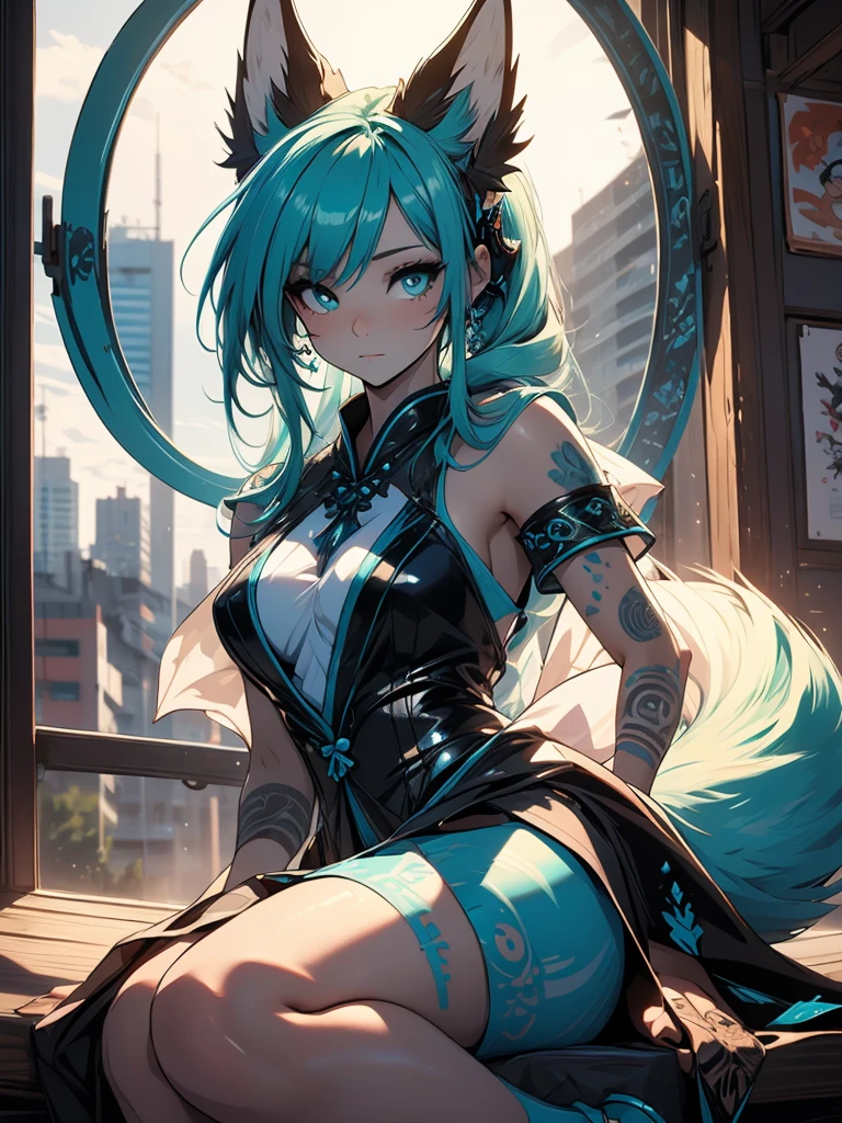 The best quality ((Masterpiece)) high definition Miku Hatsune x vixen high definition add_detail:1, blue fur,kitsune ears, tribal tattoo add_detail:1, pretty girl add_detail:1, feudal priestess clothing add_detail:1, japanese shrine landscape add_detail:1, japanese shrine costume add_detail:1, add_detail:1, full body add_detail, highly detailed face, deep aqua iris add_detail:1