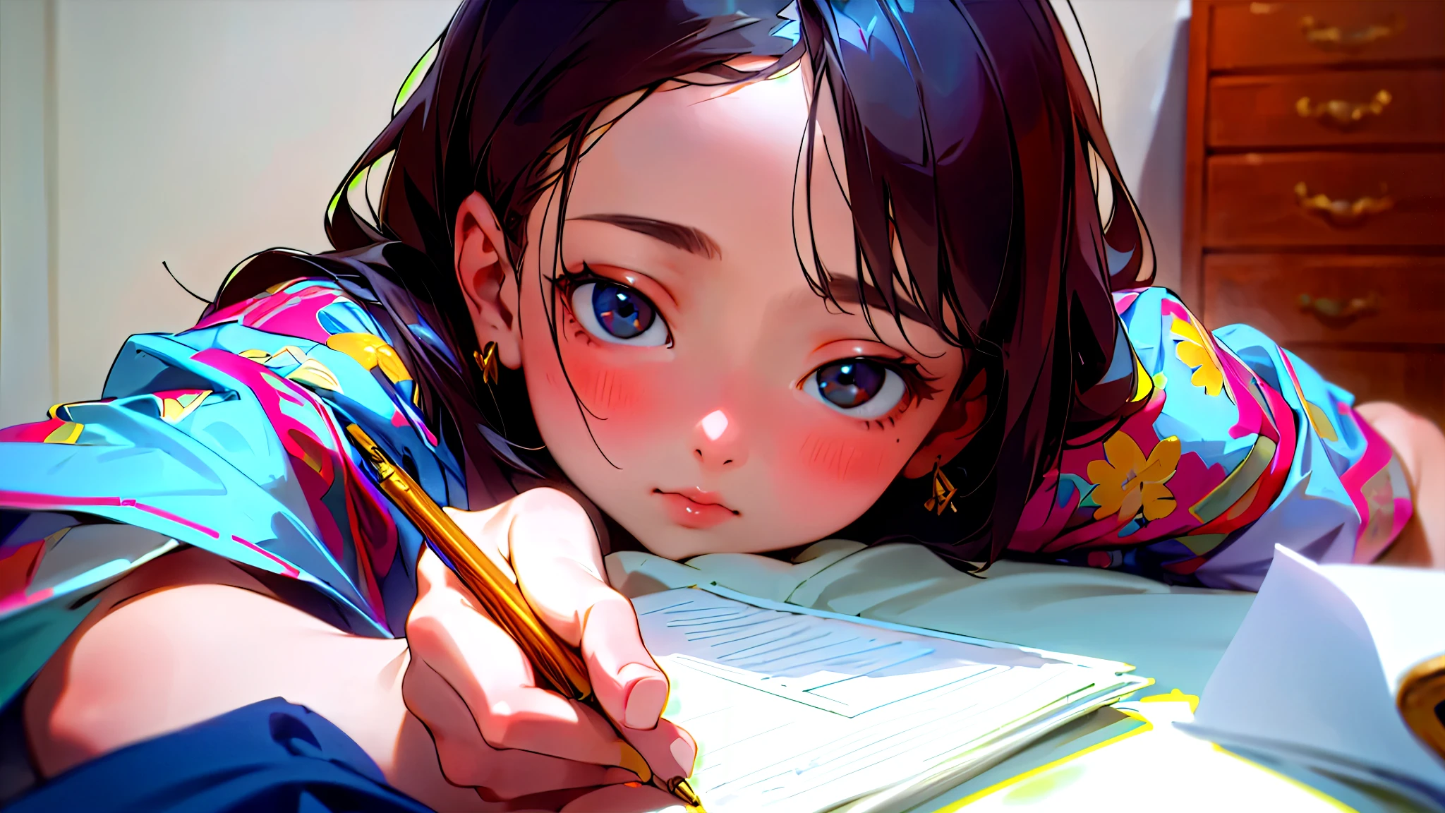 (Highest quality, masterpiece, Ultra-realistic), Beautiful and delicate15Year-old girl portrait, With a calm and gentle expression, The background is the bedroom in my own home.、I am studying hard at my desk.、Holding a pen、Cute clothes、Bust is C cup