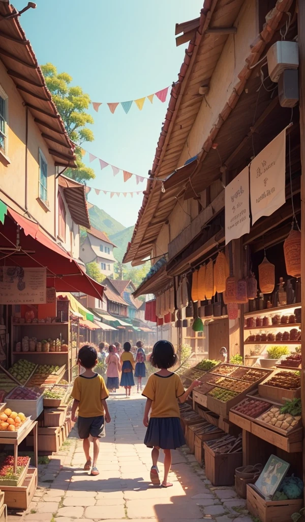 (anime, digital paint, children sharing their adventure with curious villagers, a vibrant village square, happy and intrigued faces of villagers, colorful market stalls and cheerful atmosphere, children animatedly recounting their story, sense of community and wonder)