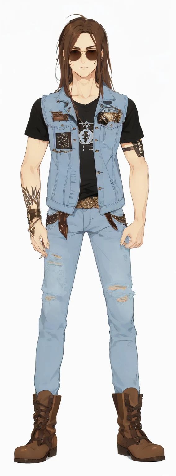 men, brown hair, long hair, bangs, round sunglasses, metal bands, tattoo, jeans vest, metal shirt, belt, ripped jeans pants, leather boots, shoelace