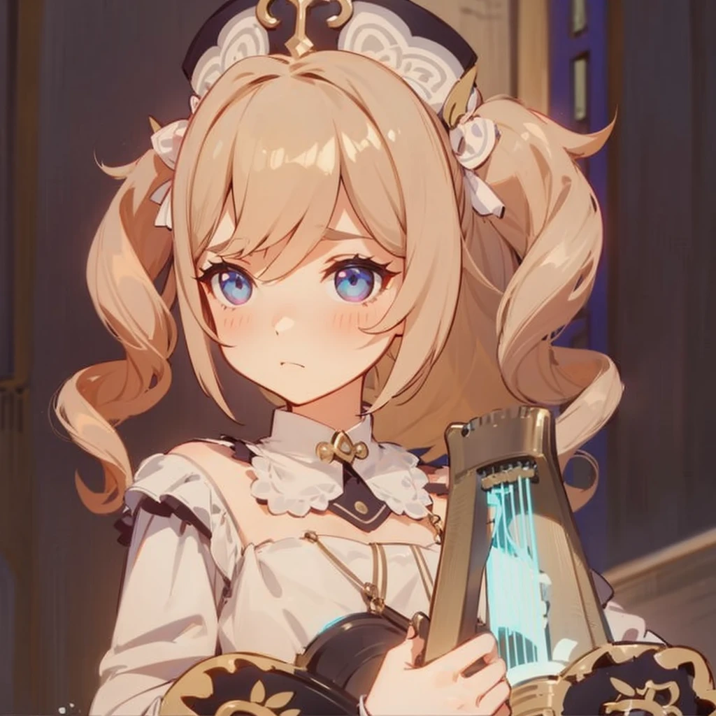 girl with a heavenly lyre in her hands. A little indignant face
