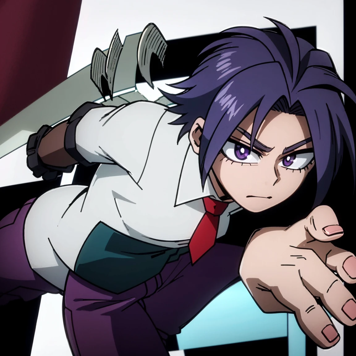 1boy, male focus, solo, muscular body, short hair, purple hair, amethyst eyes, gray jacket, red tie, white shirt, teal pants, mlparia, MHA Style, Manhwa style, anime style, perfect eyes, perfect face, model face, boy