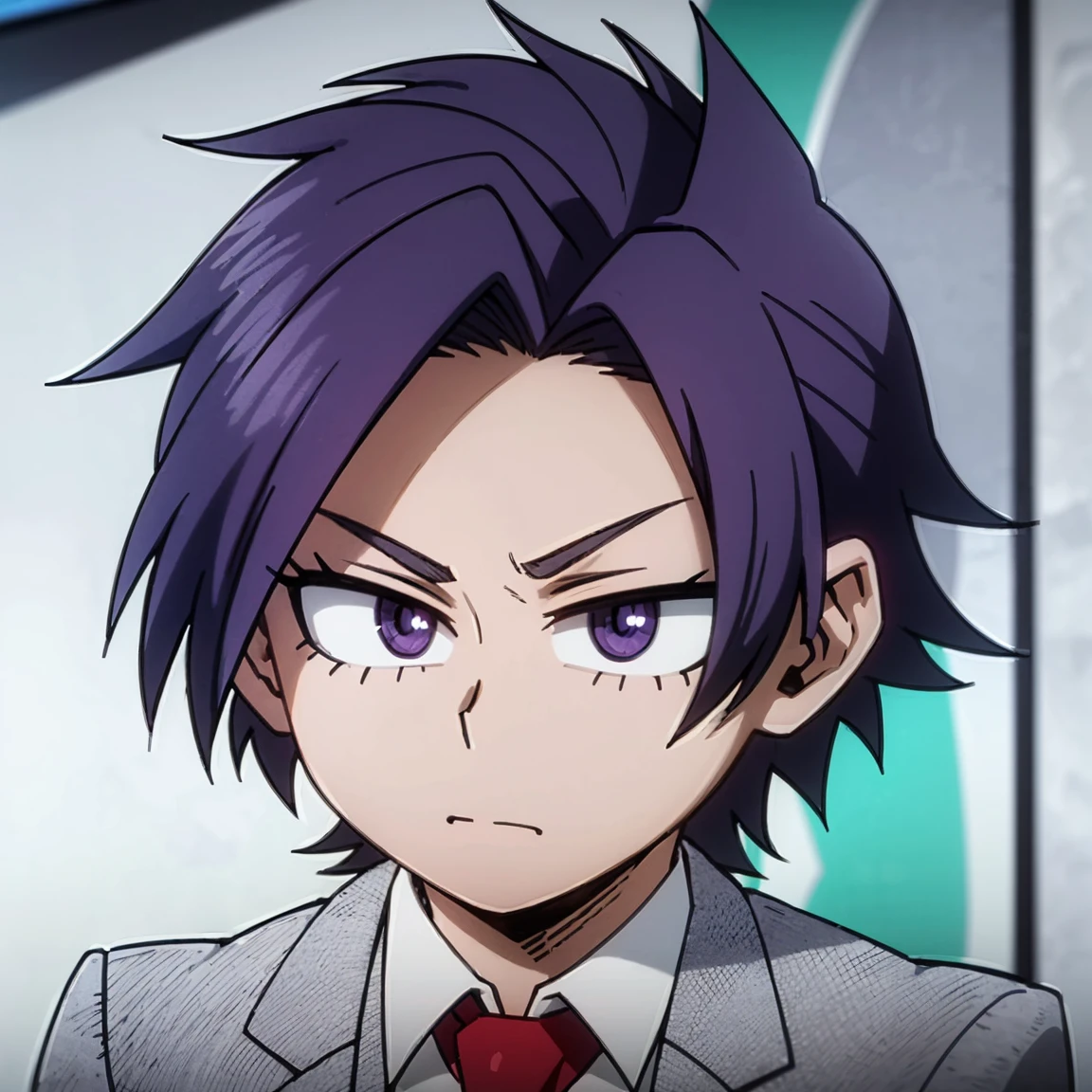 1boy, male focus, solo, muscular body, short hair, purple hair, amethyst eyes, gray jacket, red tie, white shirt, teal pants, mlparia, MHA Style, Manhwa style, anime style, perfect eyes, perfect face, model face, boy