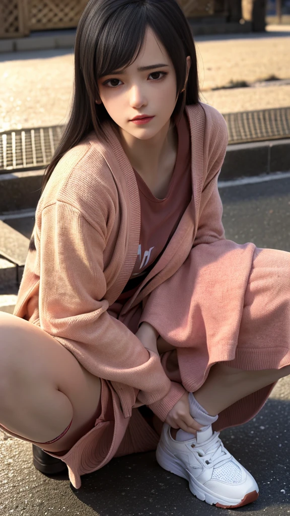 lixiaoyu,Squatting on the ground,Black skirt,Open your legs,White