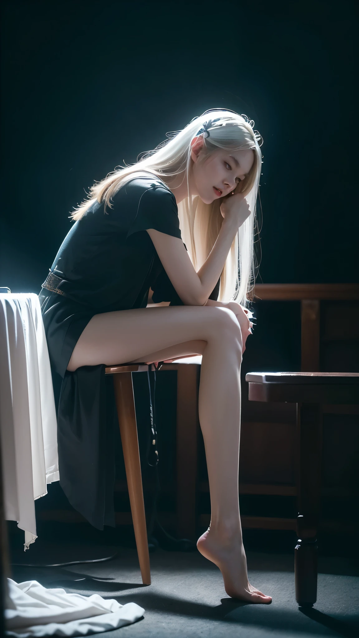 ((For the world,You may be alone,But for someone,You could be the whole world, paradox, Adrian Genius, Jenny Savile, Edward Hope, The Dark Arts of James Jean, Takato Yamamoto)),(RAW photos, best quality), ((Nostalgia,1980s Style)),(A girl with a literary atmosphere:1.2),(Practical, photo-Practical:1.3), Extremely refined, Astonishing, Fine details, masterpiece, Extremely detailed, high resolution,Best Illustration Award, The best shadow,complex,Depth of Field,1 Girl,(Long legs:1.4),Long hair,Messy hair,((((Low profile,Dark scenes,Dark)))),fat,(((Soft lighting:1.4))),(Pale skin:1.4),(Shy laugh),(angle),Clear focus, Volumetric Fog, 8K Ultra HD, Digital SLR Camera, high quality,( Film Grain:1.4), Fuji XT3,(Looking at the audience)