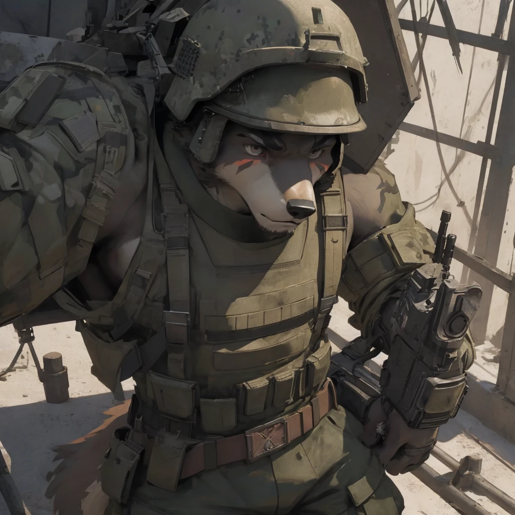 Male, males, Wolf, black fur, white fur, short hair, black hair, red heart stripes on his hair, 20 years old, tank, military helmet, armored military uniform, dramatic effect, dramatic light, shadow, shade, higlight, high quality, high details, High detailed image, high quality image, Very detailed shadows, high detail shadows, battlefield, machine guns, tank turret