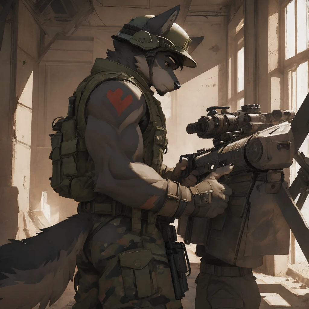 Male, males, Wolf, black fur, white fur, short hair, black hair, red heart stripes on his hair, 20 years old, tank, military helmet, armored military uniform, dramatic effect, dramatic light, shadow, shade, higlight, high quality, high details, High detailed image, high quality image, Very detailed shadows, high detail shadows, battlefield, machine guns, tank turret