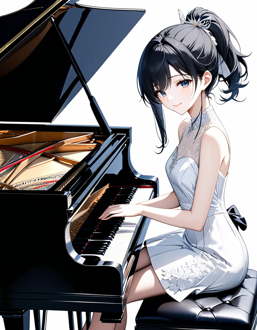 (((White background:1.5)))、(very wide shot)、(masterpiece、Ultra HD、Highest quality、Masterpiece、4K:1.2)、Slender body、Playing the piano,Idol,The elegant pianist、 Intricate details, Highly detailed eyes, Highly detailed fingers、Black hair ponytail、White elegant dress, Intricate details、Sitting in a chair、smile、close eyes