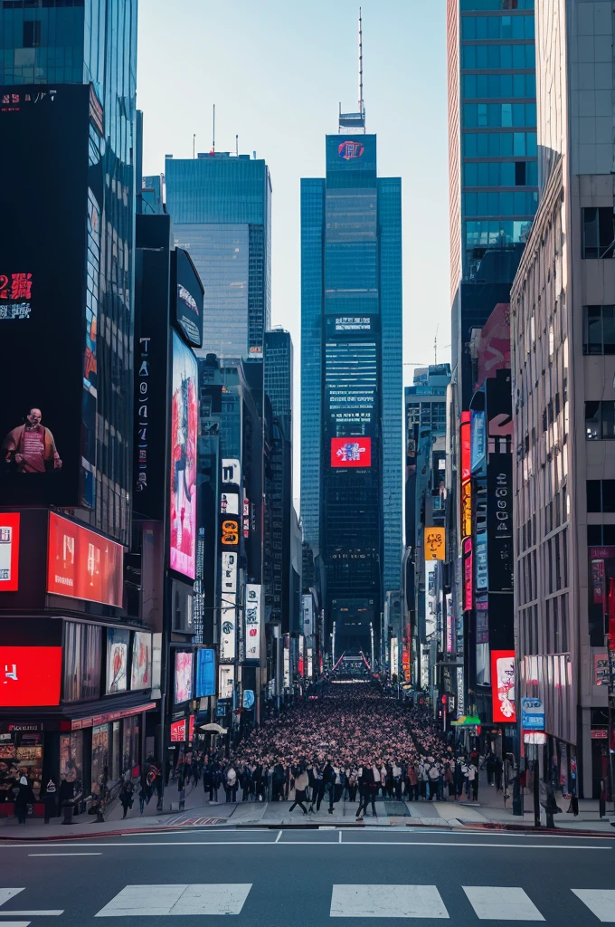 プロンプト: A street lined with digital billboards, all glitching and fading to black. People on the streets looking up in confusion and fear. High resolution, 9:16 aspect ratio, wide shot capturing the city's growing anxiety.