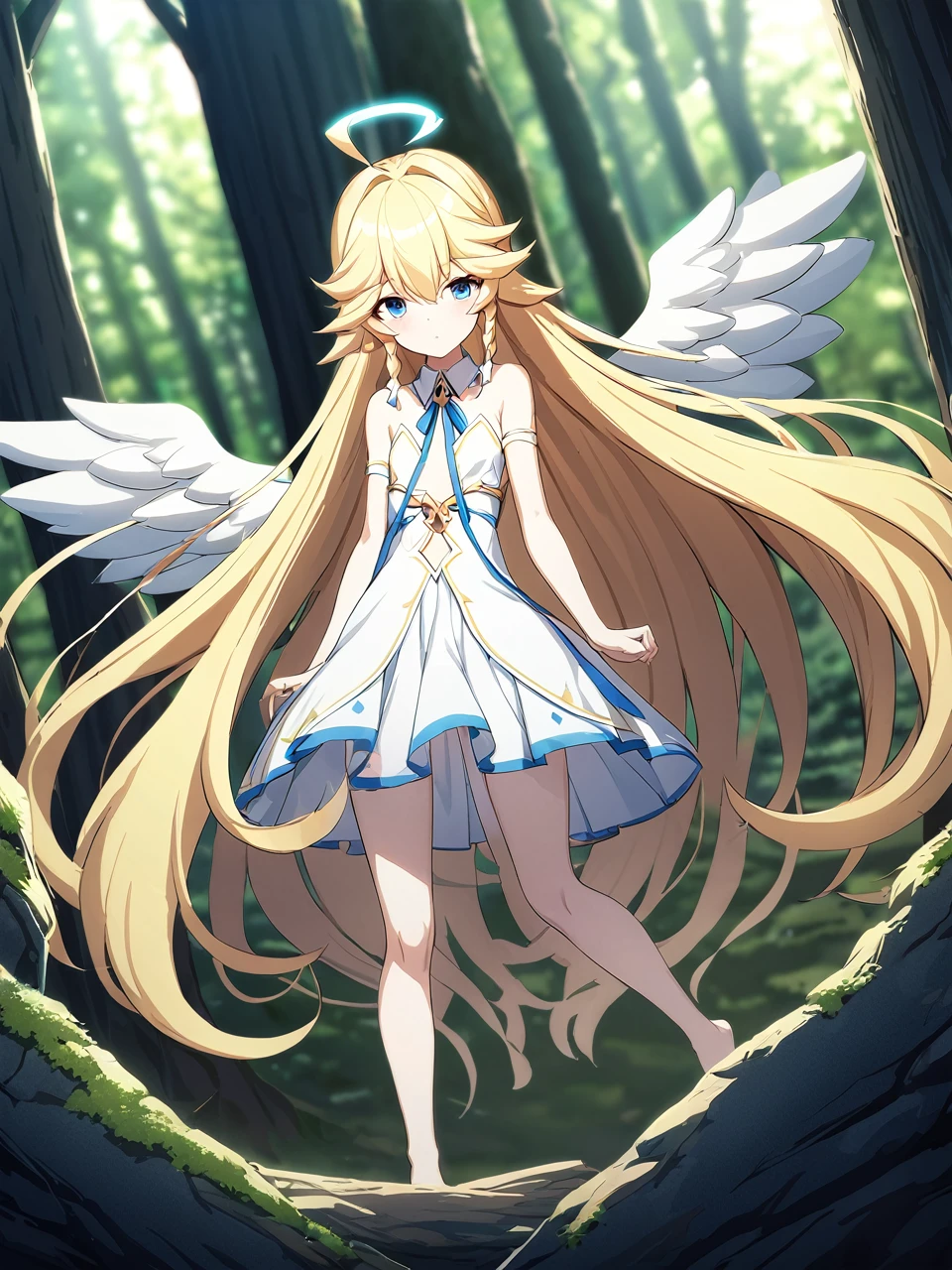 Zaora, blue eyes, (Variegated eyes:0.5), Blonde, Very long hair, Twin Blade, bangs, Ahoge, Hello, Angel, Flat Chest, White Dress, Belly button cutout, Detachable collar, Strapless, Neck ribbon, Bare shoulders, Angel wings, barefoot, One girl, Solo Break Space, forest, Depth of written boundary, Cinematic, masterpiece, Highest quality, Game CG