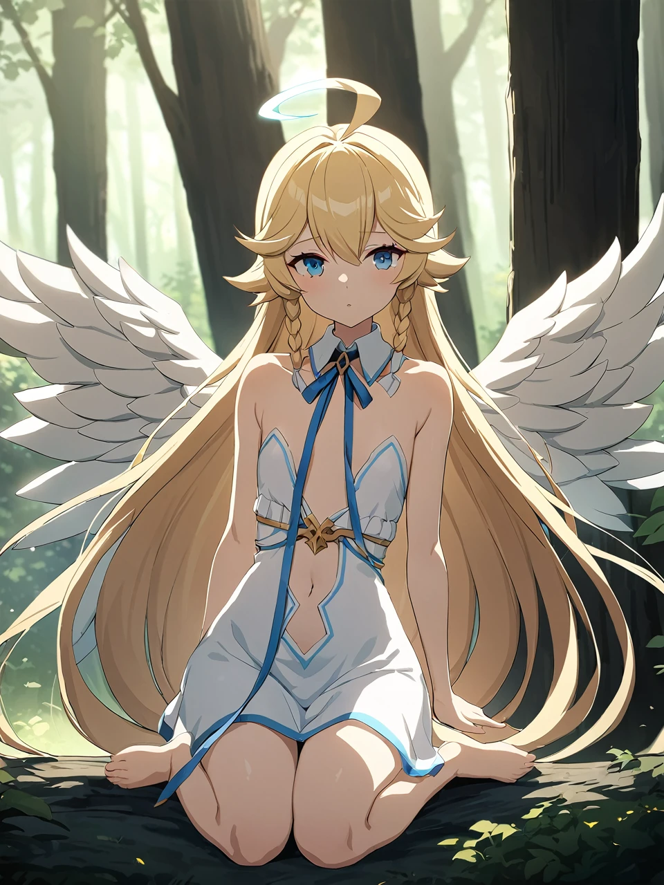 Zaora, blue eyes, (Variegated eyes:0.5), Blonde, Very long hair, Twin Blade, bangs, Ahoge, Hello, Angel, Flat Chest, White Dress, Belly button cutout, Detachable collar, Strapless, Neck ribbon, Bare shoulders, Angel wings, barefoot, One girl, Solo Break Space, forest, Depth of written boundary, Cinematic, masterpiece, Highest quality, Game CG
