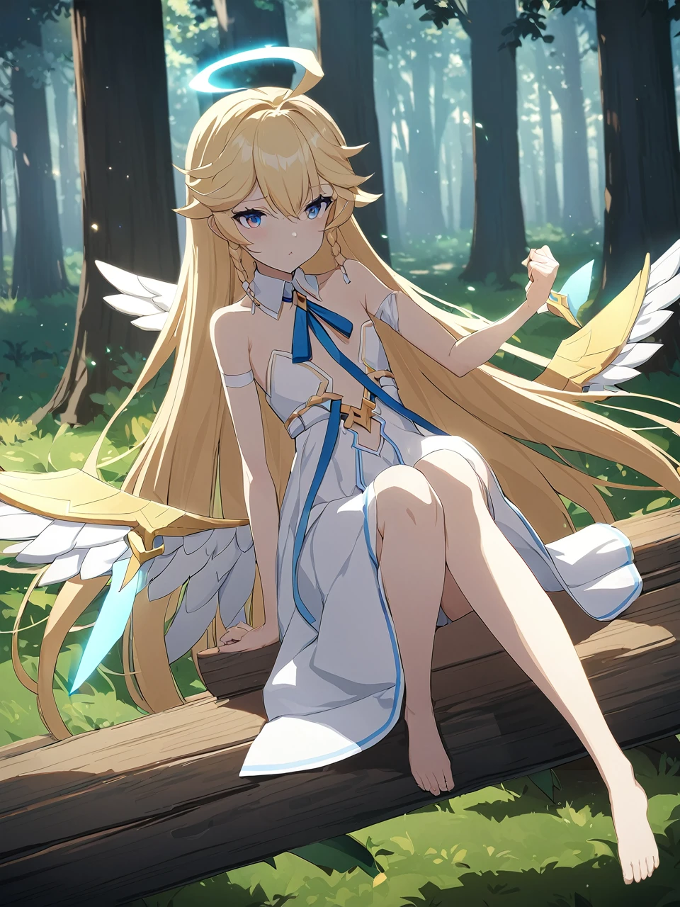 Zaora, blue eyes, (Variegated eyes:0.5), Blonde, Very long hair, Twin Blade, bangs, Ahoge, Hello, Angel, Flat Chest, White Dress, Belly button cutout, Detachable collar, Strapless, Neck ribbon, Bare shoulders, Angel wings, barefoot, One girl, Solo Break Space, forest, Depth of written boundary, Cinematic, masterpiece, Highest quality, Game CG