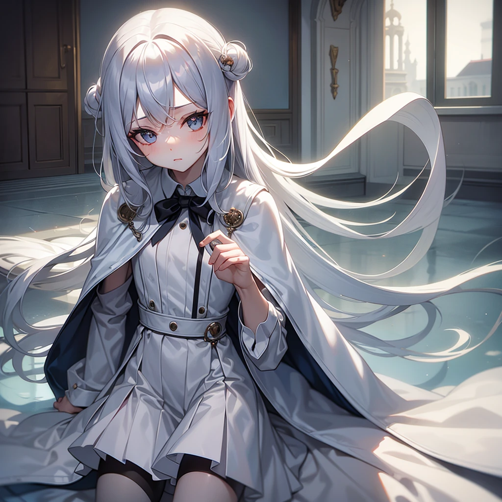 8K, (Tabletop), (High resolution), (dramatic), (Natural light), (small), 1 Girl, young, Baby Face, Flat Chest, , Gray Hair, Long Hair, (Straight Hair Skin)), Beautiful Hair, White clothes, dress, Long bangs, ((Cape)), White Skirt, (uniform)