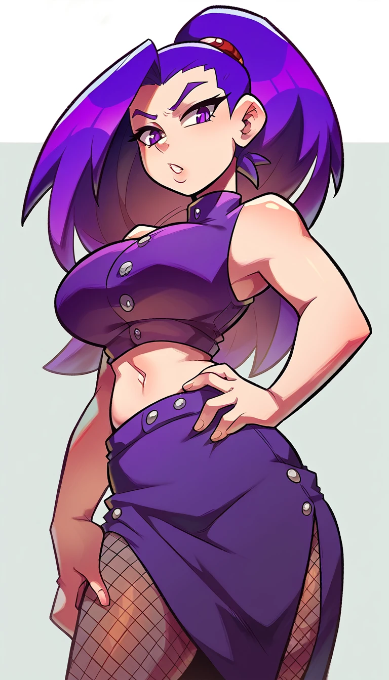 a big teenage girl big breast beautiful sexy ninja dark purple hair long hip her purple eye black eyelash big round she dresses purple blouse with sleeveless buttons exposed abdomen navel and a short purple skirt pair of net socks Transparent black boot